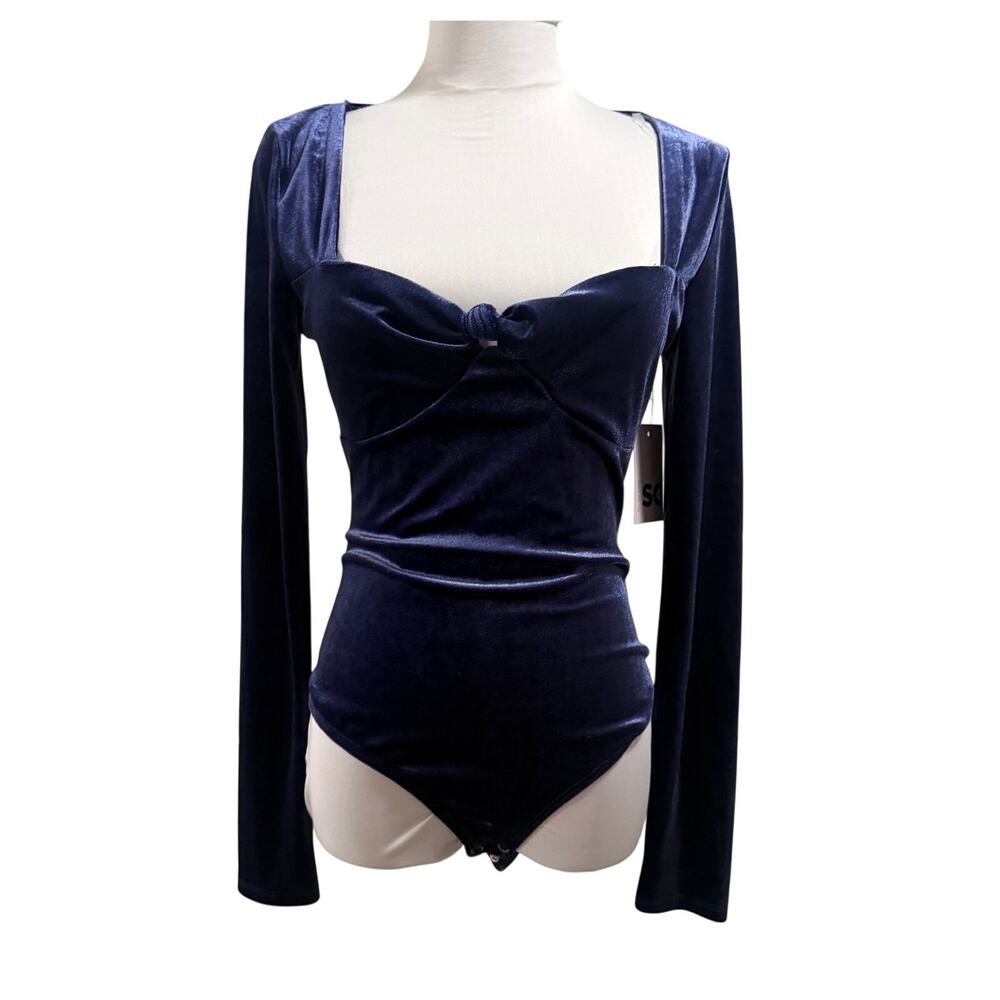 NWT Velvet Navy Blue Long Sleeve Sweetheart Neck Bodysuit Fall Holidays Medium